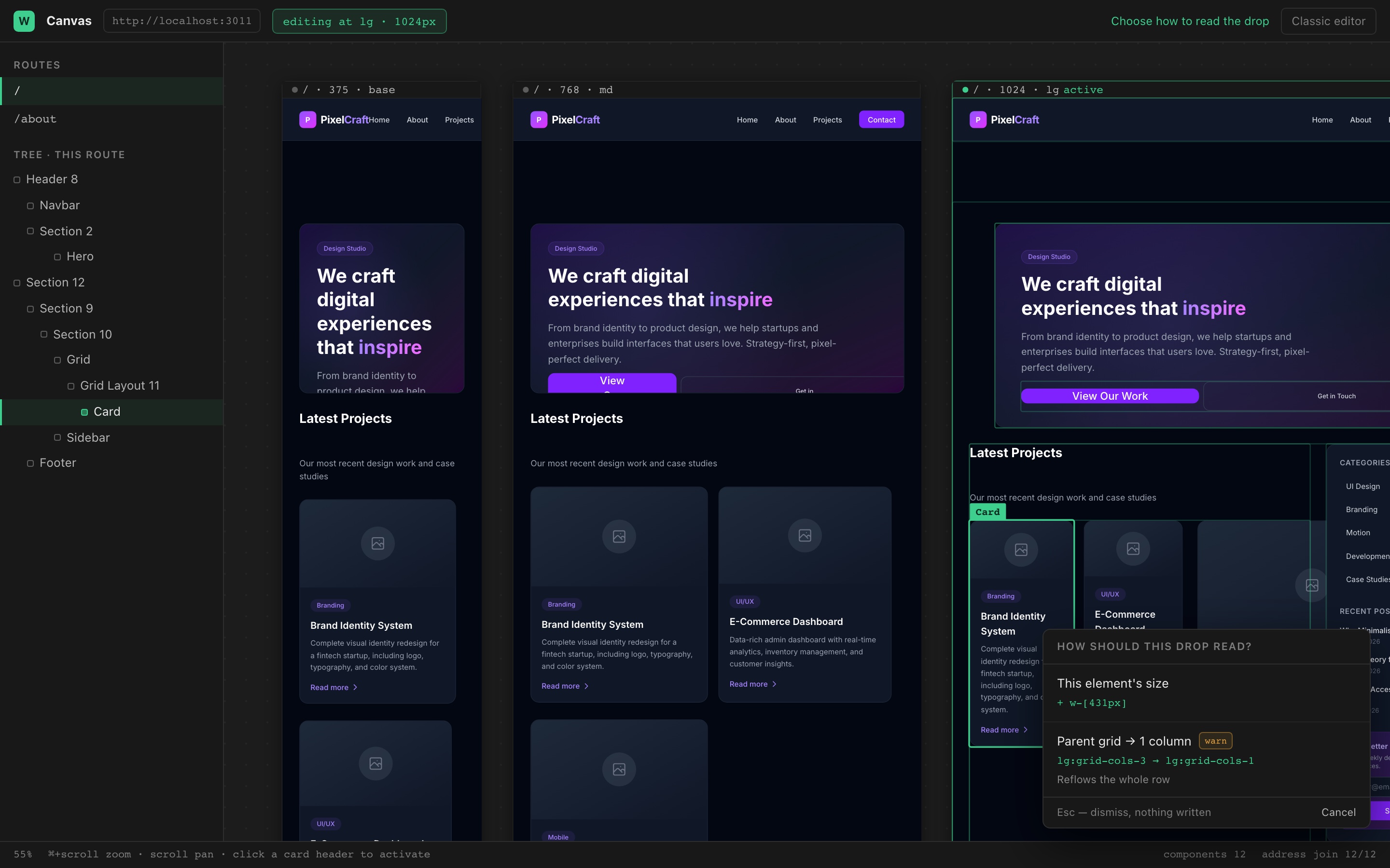 The arbitration panel in pull request 5 after resizing a grid card: the element's own size, or the parent grid dropping to one column, each with the tokens it would write